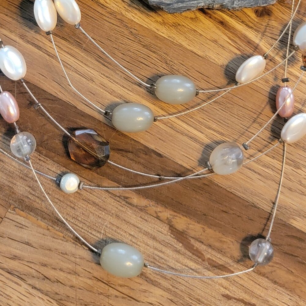 Beaded Necklace & Earring Set w Silver, White, and Amber Colors - Picture 5 of 13
